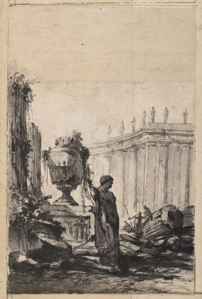 Arkitektonisk fantasi med vas, Herm och kolonnad av Louis Joseph Le Lorrain