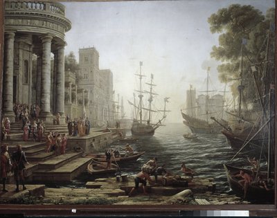 Havshamn med Saint Ursulas embarkering (olja på duk av Louis Joseph Le Lorrain