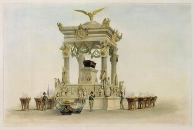 Kistan för Napoleon I Bonaparte (1769-1821) i Invalides-kyrkan (Paris, Frankrike). (Napoleons kista i kyrkan vid Les Invalides). Verk av Louis Jules Arnout (1814-1868), litografi och akvarell. Fransk 1800-talskonst, klassicism. av Louis Jules Arnout