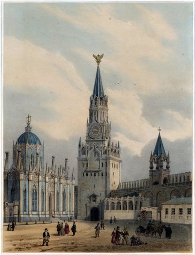 ""Utsikt över den helige Frälsarens torn (eller Spasskaia-tornet) och på det röda torget, Kreml, Moskva"" (The Spasskaya Tower (Saviour Gates) och Saint Catherine Church of Ascension Convent i Moskva Kreml) Litografi av Louis Jules Arnout (1814-1868) - 1 av Louis Jules Arnout