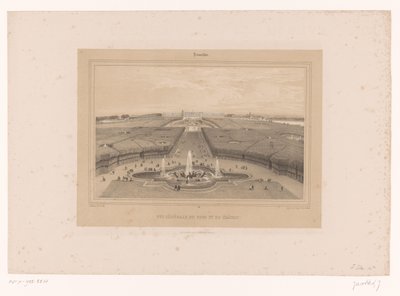 Utsikt över trädgårdarna i Versailles Vue générale du Parc et du Château (titel på objekt) Ansikten i och runt Paris (serietitel) Versailles (serietitel på objekt) av Louis Julien Jacottet