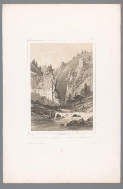 Vy över en bro över en klippravin i Telemark Le Wrangefos dans le Tellemark / Wrangefòs i Tellemarken (titel på objekt) Faces in Scandinavia (serietitel) Vues du Nord. Norvege (serietitel) av Louis Julien Jacottet