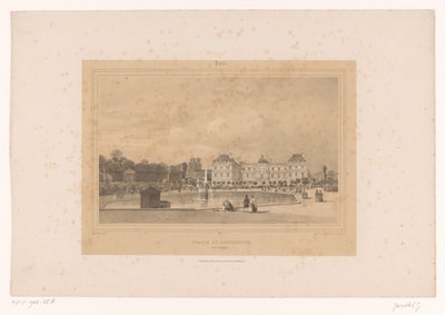 Utsikt över Luxemburgpalatset från Jardin du Luxembourg Palais du Luxembourg, Côté du Jardin (titel på objektet) Gezichten in en om Paris (serietitel) Paris (serietitel på objekt) av Louis Julien Jacottet