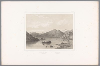 Utsikt över sjön Norsjø i Telemark Le lac du Nord à Tellemarken / Nordsjóen i Tellemarken (titel på objekt) Faces in Scandinavia (serietitel) Vues du Nord. Norvege (serietitel) av Louis Julien Jacottet