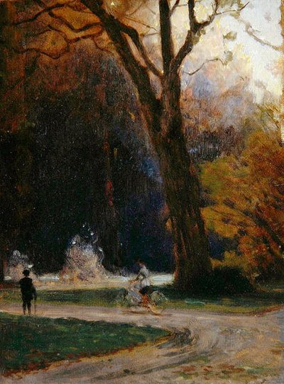 Cyklist i Karlsaue Park, Kassel (olja på kartong) av Louis Kolitz