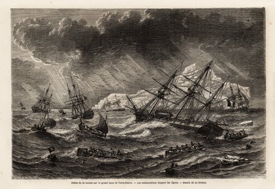 Dorschfischerei auf der Großen Bank von Neufundland, die Boote folgen den Linien, Zeichnung von Lebreton, zur Illustration der Reise nach Neufundland im Jahr 1860 von A. de Gobineau. Gravur in „Le tour du monde“, herausgegeben von Edouard Charton von Louis Le Breton