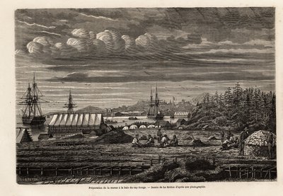 Vorbereitung von Kabeljau in der Bucht von Cap Rouge, Reinigung der Fische und Sammeln von Lebern zur Ölgewinnung, dann Salzen in der Hütte auf Stelzen, Zeichnung von Lebreton, zur Illustration der Reise nach Neufundland im Jahr 1860 von A. de Gobineau. Gr von Louis Le Breton