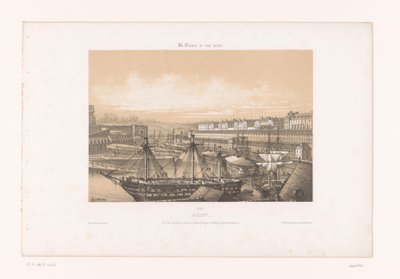Utsikt över Arsenalen vid hamnen i Brest brest. Vue des Corderies hautes et basses, Bagne och Hôpital Clermontonnerre (titel på objekt) Contemporary France (serietitel) La France de nos jours (serietitel på objekt) av Louis Le Breton