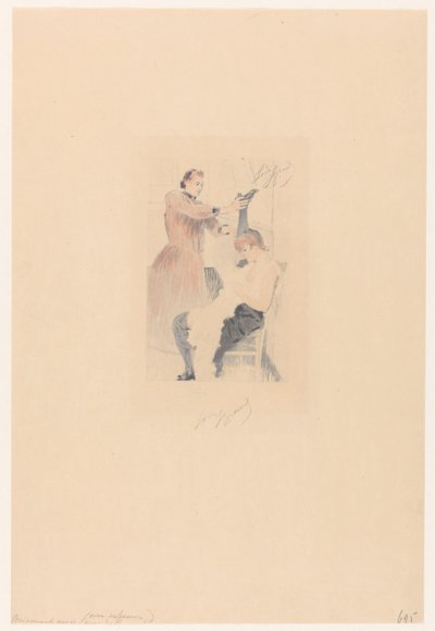 Cancan-dansare sitter på en stol medan du gör en flexibilitetsövning Brisement assis (avec professeur) (titel på objekt) av Louis Legrand (signed by artist)