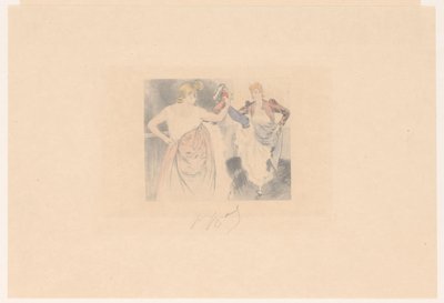 Två cancan-dansare med upphöjda ben le croisement av Louis Legrand (signed by artist)