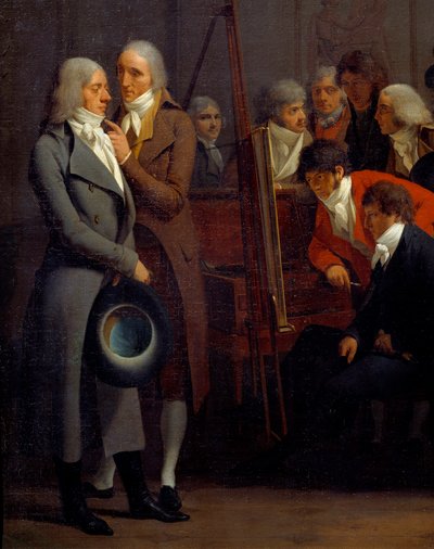 Konstnärer träffas i verkstaden hos målaren Jean Baptiste Isabey (1767-1855) 