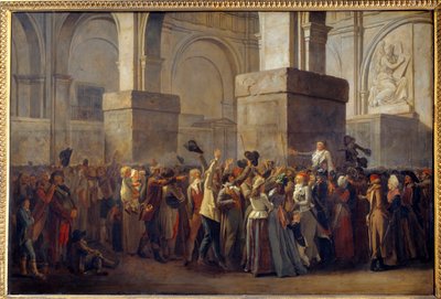 Franska revolutionen; ”” Triumph of Marat”” Deputerade Jean Paul Marat (1743-1793) triumferades av folket efter hans frikännande av revolutionsdomstolen 1793. Målning på marouflpapper av Louis Leopold Boilly (1761-1845) 1700-talets sön. 0,8x1,2 av Louis Leopold Boilly