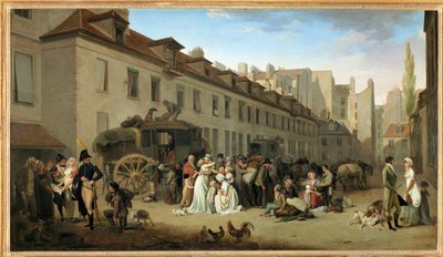 Ankomsten av en diligens på gården till Messageries, rue Notre-Dame-des-Victoires, i Paris ... av Louis Leopold Boilly