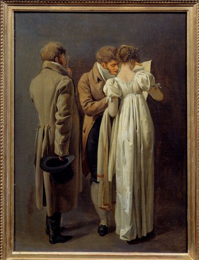 Tryckälskare Unga människor vetus i det första imperiets mode överväger ett tryck. Målning av Louis Leopold Boilly (1761-1845) 1810. Sol 0,32x0,24 m av Louis Leopold Boilly