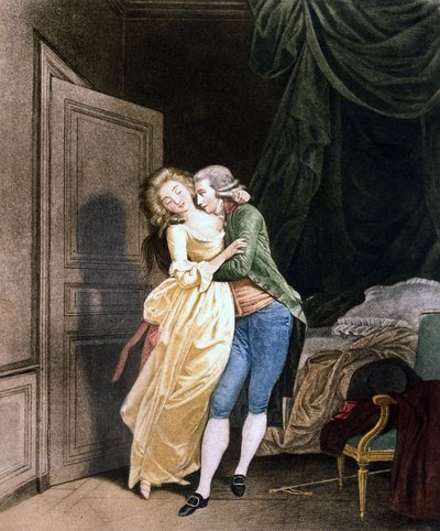 Mjukt motstånd. En man gör framsteg till en mycket elegant ung kvinna. Gravyr av Boilly av Louis Leopold Boilly