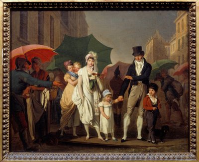 Bourgeois duschar i Paris Premier Empire-mode och skyddar sig mot regnet. Målning av Louis leopold Boilly (1761-1845) 1800-talet sön. 0,32x0,4 m - Regnskuren. Parisare borgerliga klädda i First Empire mode skydda sig fr av Louis Leopold Boilly