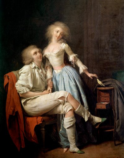 Den privata fågeln säger också att paret och fågeln flyger Målning av Louis leopold Boilly (1761-1845) 1800-talets sön. 0,4x0,32 m av Louis Leopold Boilly