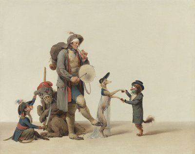 En djurtränare med dansande hundar, en björn och en apa av Boilly, Louis-Leopold (1761-1845). Olja på duk, storlek: 32,4x40,6 cm - Privat samling av Louis Leopold Boilly