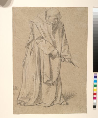 Studie av en munk som drar i ett rep (svartvit krita på brunt papper) av Louis Licherie de Beurie