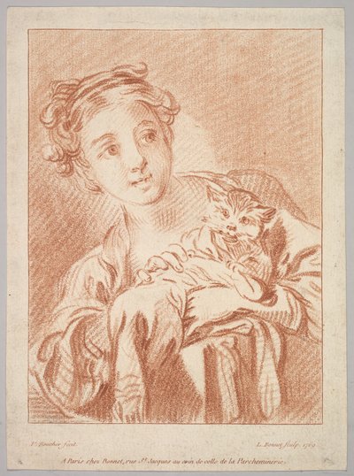 En ung flicka som håller en katt, 1769. av Louis Marin Bonnet