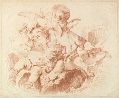 LAir The Air: A Group of Three Putti on Clouds, 1700-talet. av Louis Marin Bonnet