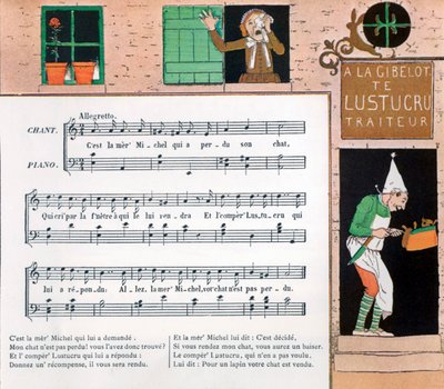 Partitur och illustration av barnsången La mere Michel av Louis Maurice Boutet de Monvel
