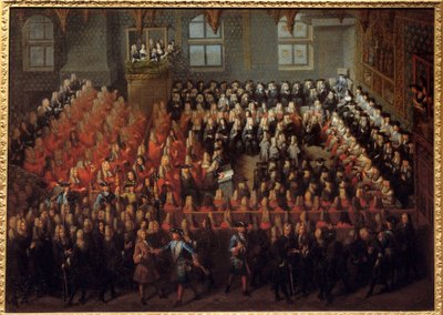 Rättvisans bädd som innehas av Ludvig XV (1710-1774) i Storkammaren i Paris parlament för att bryta Ludvig XIV:s vilja (1638-1715) av Louis Michel Dumesnil