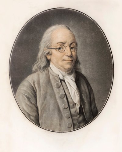 Benjamin Franklin. Porträtt (gravyr) av Louis Michel van (after) Loo