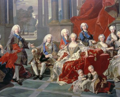 131 0794093/1 Familjen till Philip V av Spanien (1683-1746) detalj som visar kungen, hans andra fru Elizabeth Farnese och den framtida Ferdinand VI av Louis Michel van Loo