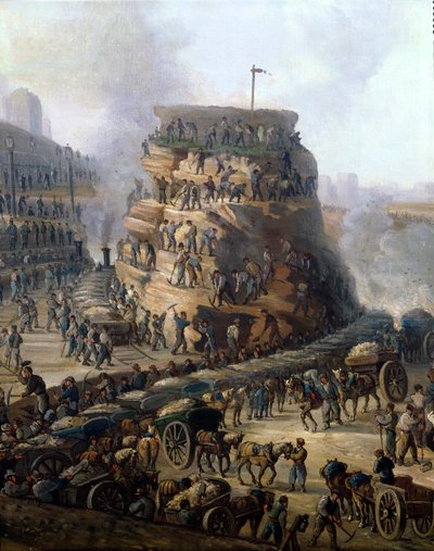 Kejsar Napoleon III (1808-73) och kejsarinnan Eugenie (1829-1920) besöker Chaillotkullen som håller på att jämnas med marken, 1867 (detalj). av Louis Moullin