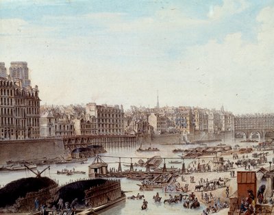 Maritimt liv på hamnen i hamnen i Paris 1782 Peniches och kommersiella aktiviteter på Seine. Detalj. Teckning av Louis de Lespinasse (1734-1808) 1782. Paris, Musee Carnavalet av Louis Nicolas de Lespinasse