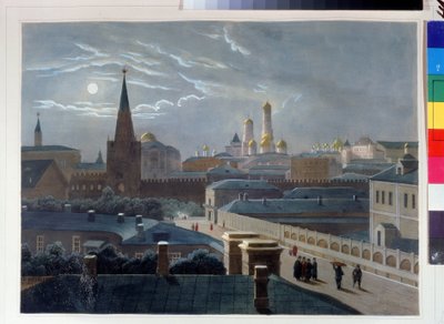 Utsikt över Kreml i Moskva. Teckning av Louis Pierre Alphonse Bichebois (1801-1850). Litografi färgad i akvarell, ca 1830-1840, fransk konst, klassicism. A. Pushkin Memorial Museum, Sankt Petersburg. ©FineArtImag av Louis Philippe Alphonse Bichebois