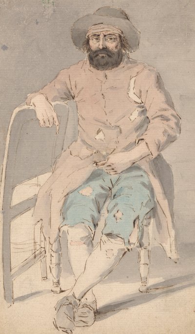 Man i trasiga kläder sitter med höger arm över en annan stol av Louis Philippe Boitard