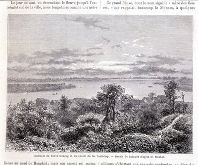 Sammanflödet av Mekongfloden och Lake Touli Channel - smäll. Teckning av Sabatier enligt Mouhot. “Tour du monde” av Louis Remy Sabatier