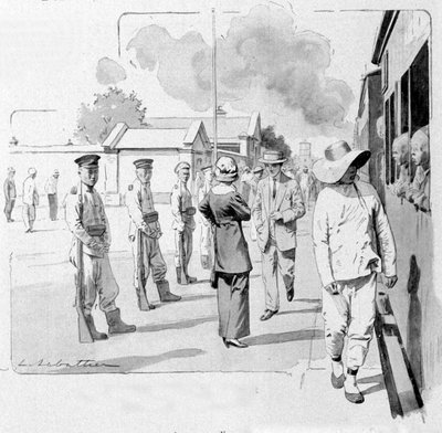 En kinesisk konduktör vid ett stopp på Transsibirien. 1913. Illustration av Sabattier. av Louis Remy Sabattier