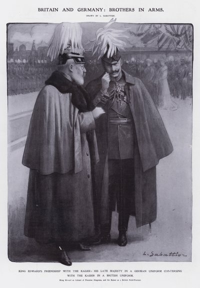 Kung Edward VII klädd som överste av de preussiska dragonerna och kejsaren Wilhelm II klädd som brittisk fältmarskalk (litho) av Louis Remy Sabattier