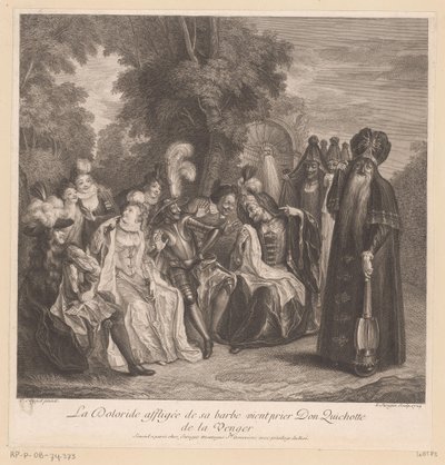 Doloride ber Don Quijote att hämnas för henne La Doloride affligée de sa barbe vient prier Don Quichotte de la venger (titel på objekt) Historia om Don Quijote från La Mancha (serietitel) av Louis Surugue