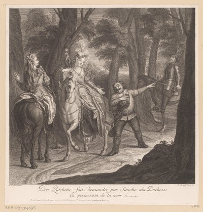 Don Quijote låter Sancho be hertiginnan om lov att få träffa henne Don Quichotte fait demander par Sancho ala Duchesse ca permission de la voir (titel på objekt) Historia om Don Quijote från La Mancha (serietitel) av Louis Surugue