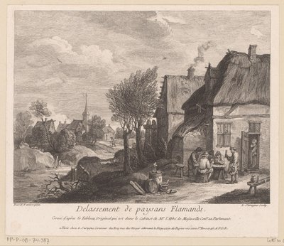 Flamländsk byscen med bönder som spelar ett kortspel Delassement de paysans Flamands (titel på objekt) av Louis Surugue