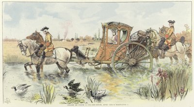 En kvinna som åker i en häst och vagn när den färdas genom en flod av Louis Vallet