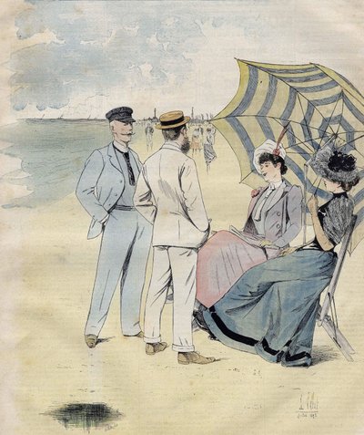 Havsbad: på stranden. från L. Vallet Watercolour. 1892. av Louis Vallet