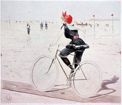 Kvinna på cykel på stranden - teckning av L. Vallet av Louis Vallet