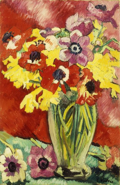 Kristallvas med anemoner och påskliljor; Vas Cristal, Anemones och Jonquilles av Louis Valtat