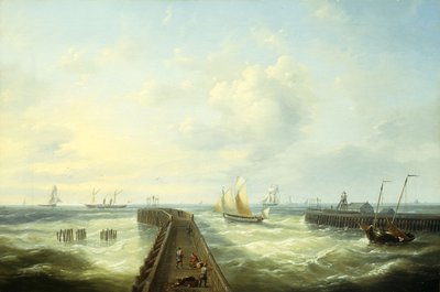 Fiskebåtar utanför en brygga i Oostende, av Louis Verboeckhoven