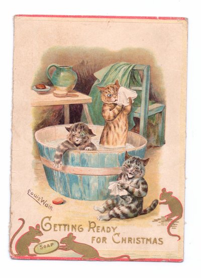 Ett viktorianskt julkort med två katter i ett badkar medan två möss leker med en tvål, ca 1880 av Louis Wain