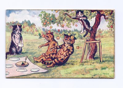 Ett viktorianskt gratulationskort med äpple som faller på två katter på en picknick, ca 1880 av Louis Wain