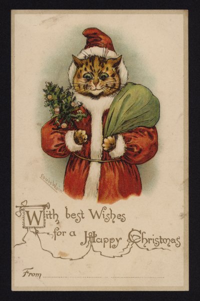 Katt som jultomten, julhälsningskort (chromolitho) av Louis Wain