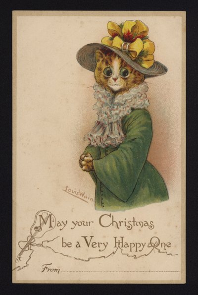 Katt som bär en kvinnas hatt och kappa, julhälsningskort (chromolitho) av Louis Wain