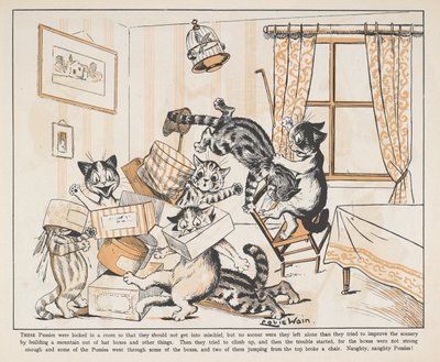 Katter leker med lådor i ett rum. av Louis Wain