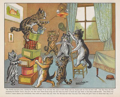 Katter leker med lådor i ett rum. av Louis Wain